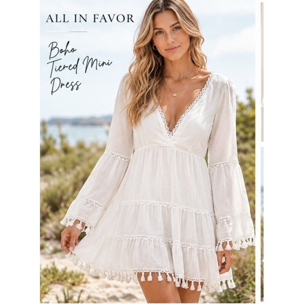 All in Favor Dress Womens S Boho Cottagecore White Tassel Lace Tiered Mini NWOT